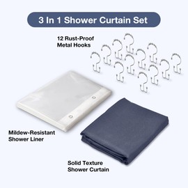 Lameirose Shower Curtain and Liner Set with 12 Double Sided Shower Curtain Hooks, 3 in 1 Shower Curtain Set, Cloth Shower Curtains for Bathroom,Waterproof, Navy Blue 72" W*72" H