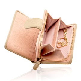 GRAV Women's Mini Wallet, Genuine Leather, Greige x Pink, Greige × Pink
