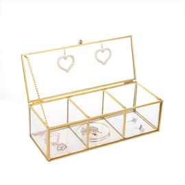 Feyarl Gold Glass Makeup Cosmetic Cotton Pads Holder Jewelry Trinket Box Storage Container Ring Earring Holder Clear Glass Decorative Box Beauty Display with Lid