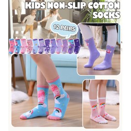 DOSKONI Toddlers Girls Non Slip Socks Baby Kids Grip Socks Crew Cotton Socks with Grippers 12 Pairs Unicorn,3-5 Year Old