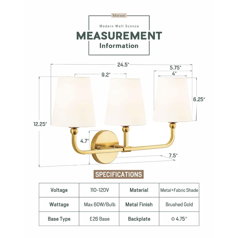 METWET Bathroom Light Fixtures, Brushed Gold Vanity Lights with Flared