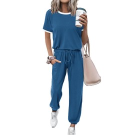 MASCOMODA Womens 2 Piece Outfits 2024 Summer Tracksuit Sets Short Sleeve Tops Long Pants Jogger Lounge Set(Blue,Medium)