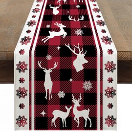 Ohok Christmas Table Runner 33 x 183 cm, Linen Christmas Series Table Cloth Kitchen Dining Table Decoration for Indoor and Outdoor Holiday Party Living Room Decor (Plaid Deer)