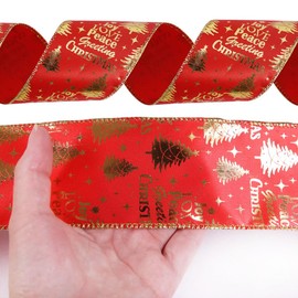 Moeagel Christmas Ribbon 2.5 inches Wide, Length 2M, Christmas Wired Ribbon, Easily Create Your Desired Shape, Christmas Tree Ribbon, Christmas Tree Decoration, Christmas Tree Pattern, Full Christmas