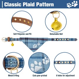 EXPAWLORER EXPAWLORER Puppy Collar and Leash Set - Embroidery Pawprints Plaid Dog Collar and Dog Leash Set, Bow Tie and Bandana Dog Collar with Bell, Cute Collar and Leash for Dogs Cats Outdoor Walking, Blue S