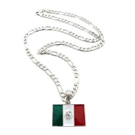NYFASHION101 Mexico Flag Pendant with 5mm 24" Figaro Chain Necklace, Silver-Tone