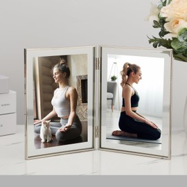 Silver 5x7'' Double Floating Photo Frame | Fits 2x3“ to 4x6” Photos | Metallic Lace Edge | Desktop/Shelf Adjustable Photo Frame | Elegant Gift Idea for Weddings,Thanksgiving and more