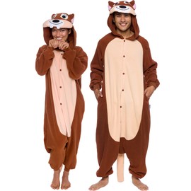 Silver Lilly Unisex Adult Pajamas - Plush One Piece Cosplay Chipmunk Animal Costume (Brown, Large)