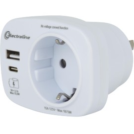Electraline 70036 Travel Adaptor USA, Germany Plug, USA Adapter Socket with 2 USB (A+C) Max 15.5 W