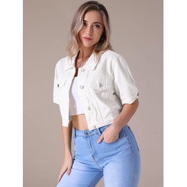 CIMUK Women's Short Sleeve Denim Jacket Button Down Trucker Jacket Y2K Cropped Jean Jackets Medium White