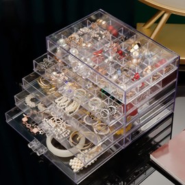 QIYUSHRY Acrylic Jewelry Box Earring Storage Box 5 Drawers Clear Transparent Jewelry Display Stand Storage Holder 55 Compartment Tray Organizer for Earring Necklace Rings Bracelet