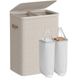 SONGMICS Laundry Basket, 44.9 Gal. Laundry Hamper, 2 Compartments, Easy Assembly, with Lid and Handles, Removable Inner Bags, 22 x 15.7 x 29.5 Inches, Cappuccino Beige ULCB813L01