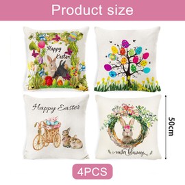 LOEPENLE Set of 4 Easter Cushion Covers, 50 x 50 cm Easter Cushion Cover, Modern Easter Decoration, Linen Cushion Cover, Easter Decorative Cushion Covers, Easter Bunny Sofa Cushion, Happy Easter