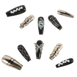 Healeved Set of 10 Fake Gothic Nails Black Handmade Nails Gothic Style Full Coverage Easy-to-apply for Women's Manicure