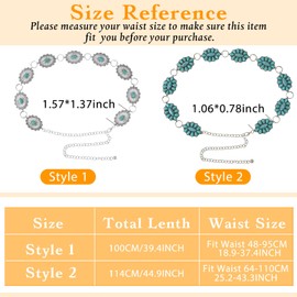 2 Pcs Turquoise Concho Chain Belt Adjustable Waist Belts for Women Western Metal Silver Belt for Dress Womens Turquoise Belt(Elegant Style), Turquoise, Medium