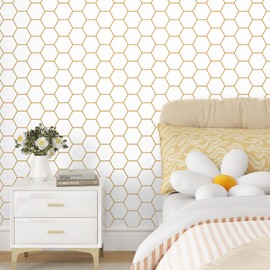 Mangoloo Gold Geometric Peel and Stick Wallpaper for Bedroom Bathroom Self Adhesive Hexagon Wall Paper Peel and Stick Modern White Contact Paper for Cabinets Shelf Liner 17.5"x102"