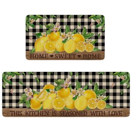 Faptoena Lemon Kitchen Rugs Set of 2,Home Sweet Home Buffalo Plaid Holiday Kitchen Mats for Floor,Spring Summer Seasonal Non-Slip Washable Sink Mats Home Decor Doormat+Runner Rug