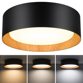 Flush Mount Ceiling Light, 13in 250W Equivalent LED Ceiling Light Fixture, 3CCT Adjustable 3000K 4000K 5000K, Dimmable Black and Wood Modern Ceiling Lamp for Bedroom Bathroom Hallway