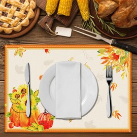 RZQIJ Fall Placemats Set of 4, 12x18 Harvest Pumpkins Maple Leaves Sunflower Table Mat Decor, Seasonal Autumn Table Decors for Thanksgiving Dining Kitchen Holiday Party. (009)
