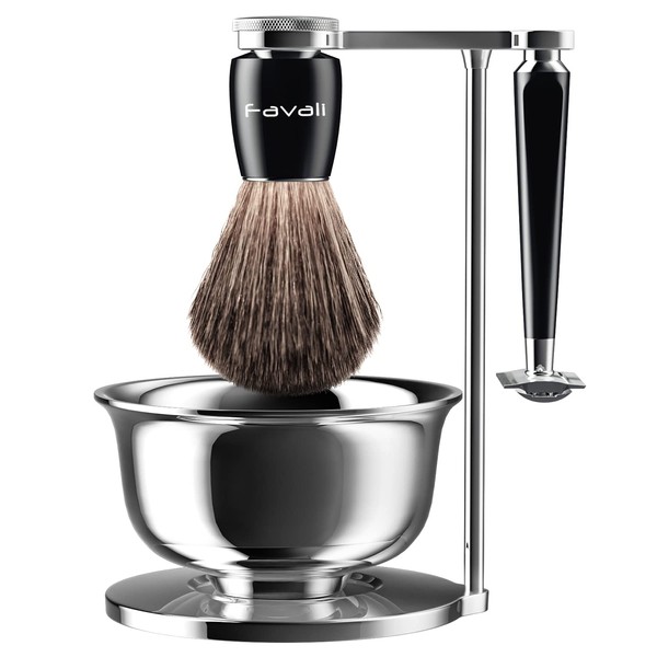 Favali 4-in-1 Shaving Set - Safety Razor Stand + Shaving Bowl + Imitation Badger Hair Razor Brush + Safety Razor (Razor + 10 Razor Blades), Shaving Set Men's Gift Set for Classic Wet Shaving