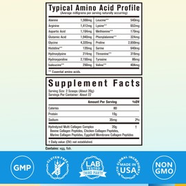 Terranics Multi Collagen Peptides Powder, 1lb, 20g Per Serving, Hydrolyzed Collagen Type I II III V X, Bovine Marine Chicken & Eggshell, No Sugar, Keto, Beauty & Movements Support, Unflavored, 16oz