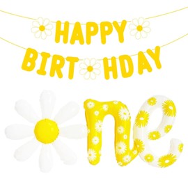 JDNFKG 1 Set 1-Jähriger Daisy-Ballons, 1 Stück Gänseblümchen-Flagge, Kreative Aluminium-Filmballons, Kindergeburtstagsvorräte Für Kinder, Foto-Requisiten.