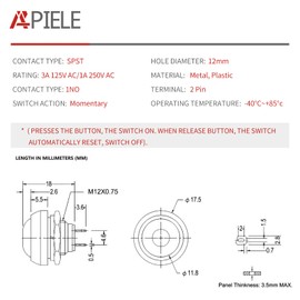 APIELE 12mm Momentary Push Button Switch Mini Round Switch Waterproof 1A 250V AC SPST NO 2 Pin PBS-33B with Pre-soldered Wire 6Pcs (Red)