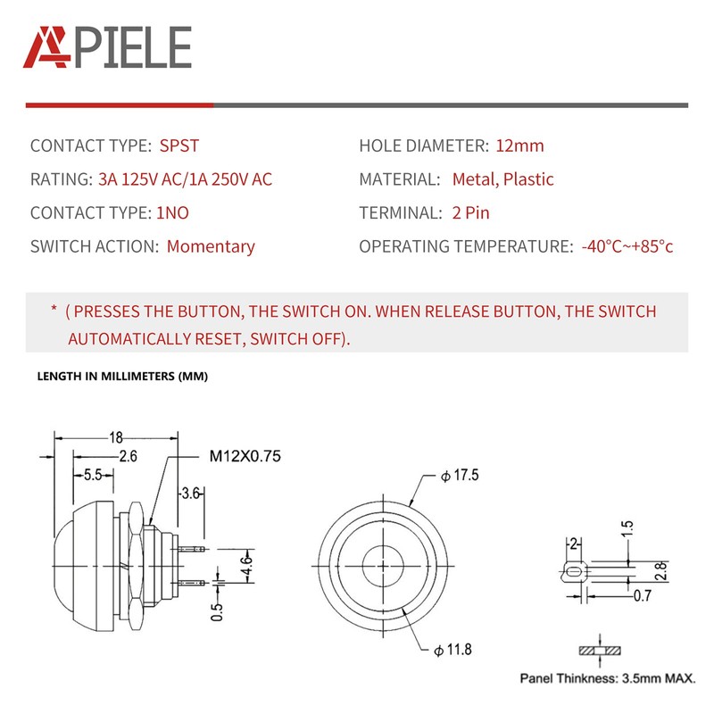 APIELE 12mm Momentary Push Button Switch Mini Round Switch Waterproof