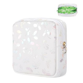 Likesing Period Bag Pouch, Leather Sanitary Napkin Storage Bag for Girls Womens, Portable Sanitary Napkin Period Pad Pouch Bag for Purse, Small Make Up Bags(White Butterflies)