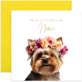 Old English Co. Yorkshire Terrier Dog Very Special Niece Card - Yorkshire Terrier Puppy Floral Cute Birthday Card for Her - Cute Well Done Congratulations Cards for Niece from Family Friends