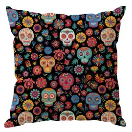 ZAEW Dia De Los Muertos Pillow Cover Sugar Skull Colorful Flowers Day of The Dead Mexican Throw Pillow Case Decorations for Farmhouse Home Bedroom Sofa Couch Outdoor Holiday Decor 16x16 Inch