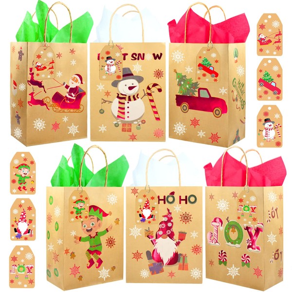 MUKOSEL 24 PCS Christmas Gift Bags with Handles, 6 Style Hot Stamping Kraft Paper Bags Bulk with Tissue Paper and Tags Christmas Goodie Gift Wrapping Bags Xmas Holiday Treat Bags for Party Favors