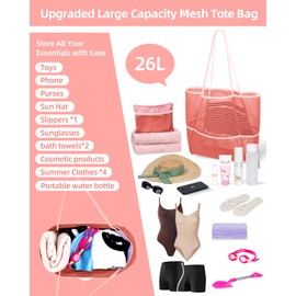 Mesh Beach Tote Bag Packable,2025 New 2-in-1 Large Lightweight Foldable Beach Bags with Multiple Pockets for Women (Pink)