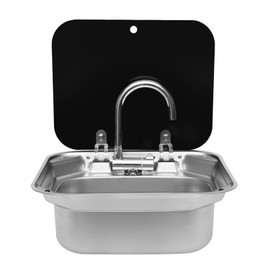 Portable Bar Caravan RV Sink with Rotated and Retracted Faucet & Glass Lid Stainless Steel Sink Hand Wash Basin Small Outdoor RV Kitchen Sink Trailer Camper Sink Bar Sink