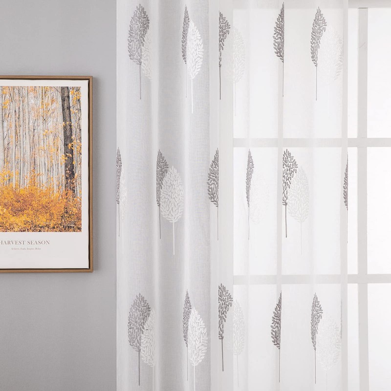 MIULEE Living Room Curtains, Transparent, Beautiful Grey and White Leaves