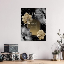 Gold Flower Perfume Bottle Decor: Gray Floral Canvas Wall Art for Girls Bedroom, Bathroom, Living Room, Paris Artwork, Fashion Botanic Picture, 24x18