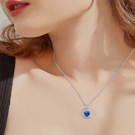 Qings Heart September Birthstone Necklace - Sapphire Dainty Necklaces 925 Sterling Silver Mom Necklace Birthstone Gifts Blue Necklace for Women Girls
