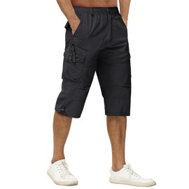 Men's Cargo Pants, Summer Clothes, Shorts, Sports, 3/4 Length, Cotton, Golf Wear, Fishing, Shorts, Thin, Pockets Included, Work Wear, Solid Color, Shorts, Adjustable Drawstring, Shorts, Black