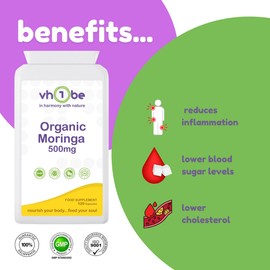 Organic Moringa Capsules 500mg – 120 Vegan Moringa Leaf Capsules | High Strength Malunggay Oleifera Supplement for Energy, Immunity & Antioxidant Support | Pure & Organic, Non-GMO, UK Made by vh1be