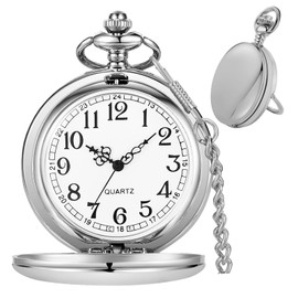 Tiong Silver Smooth Steel Bracket Design Men's Pocket Watch Arabic Numerals Quartz Pocket Watches with Chain for Men Women