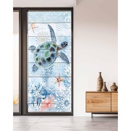 Sea Turtle Blue Window Privacy Film Summer Ocean Decorative Stained Glass Window Film Coral Starfish Plank Textured Static Windows Clings Sticker for Door, 35.4"x78.7" Blackout Shades Windows Cover
