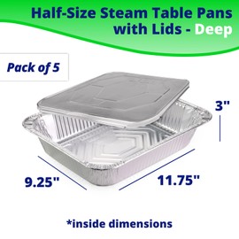 IDL Packaging Half-Size Aluminum Steam Table Pans with Lids - Deep, 13" x 11" x 3" (Pack of 5) - Disposable Foil Pan for Grilling, Roasting, BBQ, Cooking, Baking, Freezing