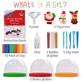 KipiPol Make Your Own Holiday Water Globe Kit – 3X DIY Snow Globe Making Kit w/ 3 Figures, 10 Packs of Modeling Clay for Sculpting, Crafts for Girls Ages 4-6, Arts and Crafts for Kids Ages 4-6-8-12