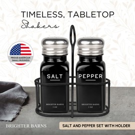 Black Salt and Pepper Shakers Set with Holder by Brighter Barns - Farmhouse Kitchen Decor, Modern Kitchen Essentials, Dining Table Centerpiece Decor - Glass Shakers with Caddy for Restaurants (Black)