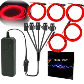 2M EL Light Wire Neon Glowing Strip, 5 Way EL Battery Rope Lights Electroluminescent for Party Costume Cosplay Clothing Decoration(Ourbest 5in1 5Pack 6Ft Red)
