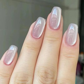 Press on Nails Medium Ballet Shaped Spar Cat Eye False Nails Nude Pink Design Cat Eye Fake Nails Artificial Acrylic Nails Full Cover Glossy Reusable Coffin Nails Glue on Nails for Women 24Pcs