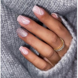 Resweky 24 Stücke Quadrat Mittel Falsche Nägel Glänzend Glitter Nackt Falsche Nägel Französisch Druck Auf Nägel Volle Abdeckung Acryl Nägel für Frauen