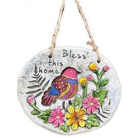 Darthome Cement Hanging Plaque Bless This Home Pink Bird Floral Garden Wall Decor Sign 20cm