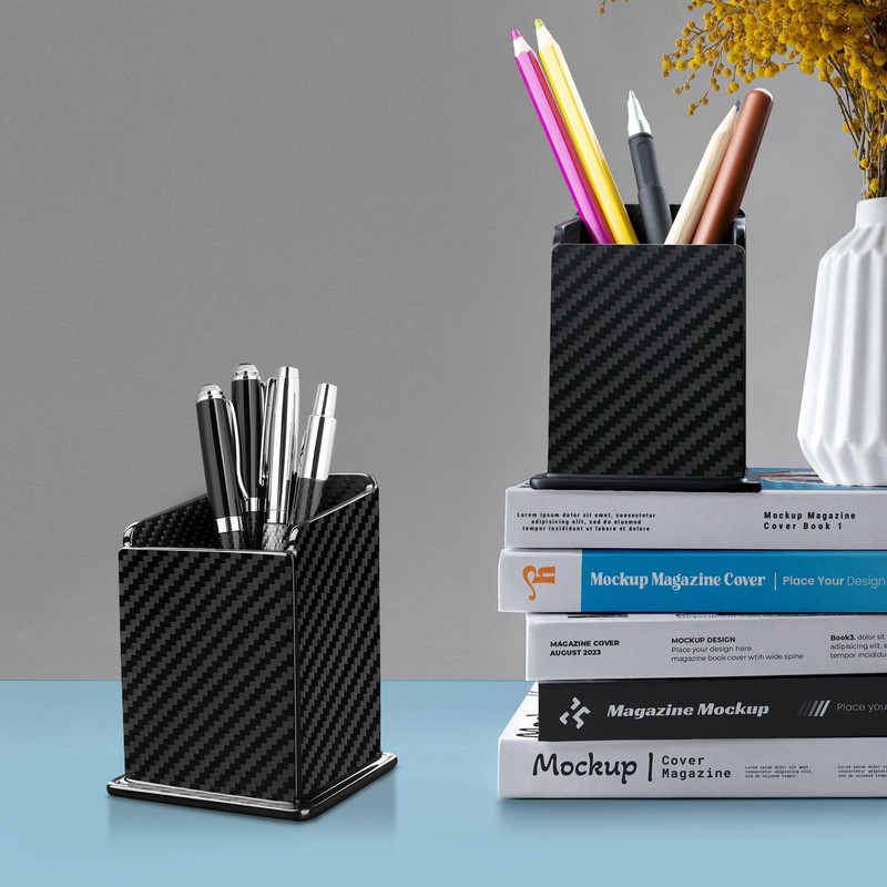 Carbon Fiber Black Pen Holder Cup for Desk, Black Pencil
