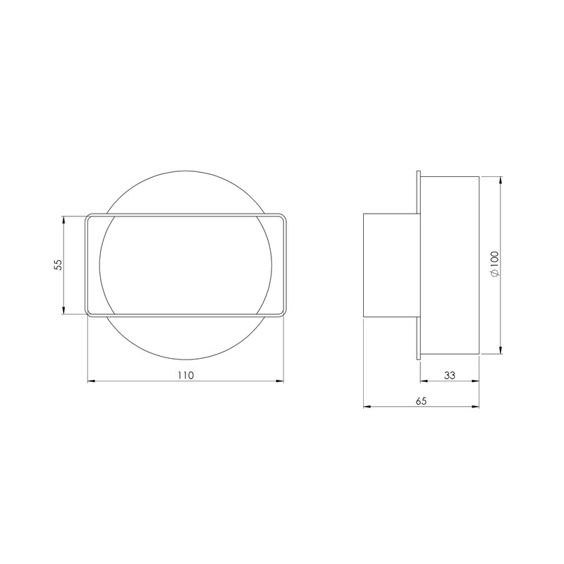110x55mm -Ø 100mm Flat Rectangular to Round Ducting Adapter -